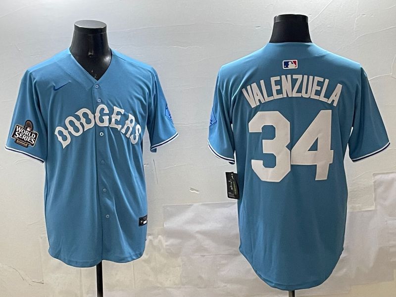 Men Los Angeles Dodgers #34 Valenzuela Light Blue Joint Name 2025 Nike MLB Jersey style 3161